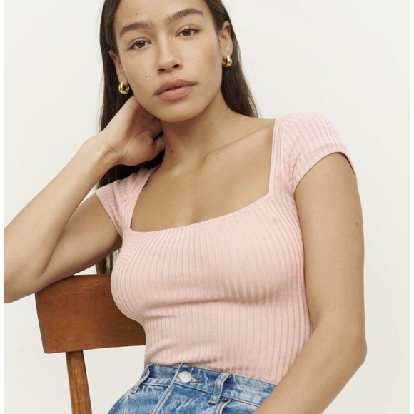 Reformation Tops - Reformation XL Bardot Knit Top Blush Pink Ribbed Stretch Fitted Semi-sheer